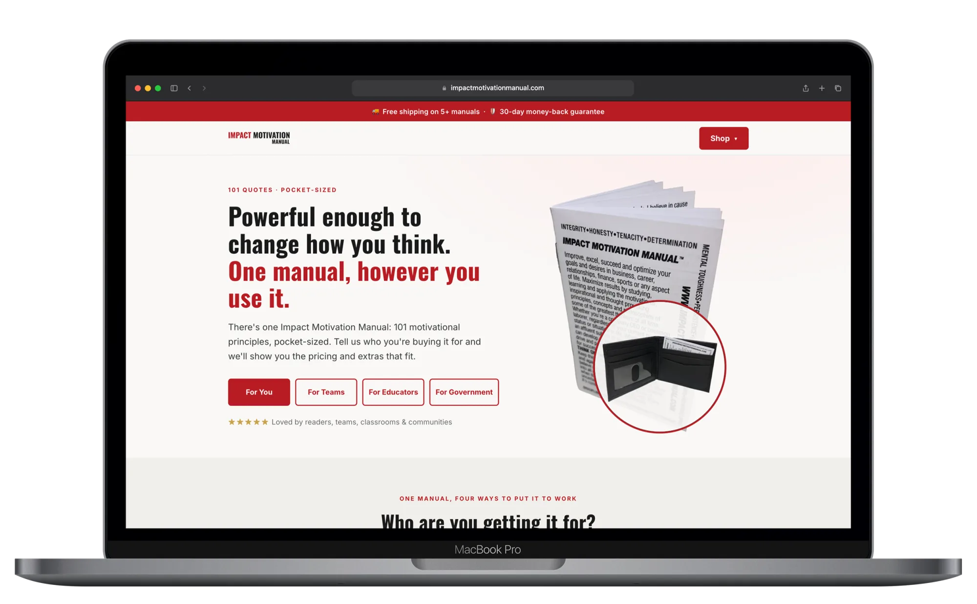 Impact Motivation Manual on a laptop, a website built by Streator Solutions