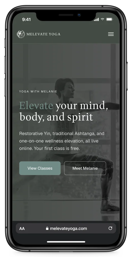 Melevate Yoga on a phone, a website built by Streator Solutions